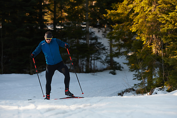 Image showing Nordic skiing or Cross-country skiing classic technique practiced by man in a beautiful panoramic trail at morning.Selective focus.