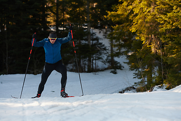 Image showing Nordic skiing or Cross-country skiing classic technique practiced by man in a beautiful panoramic trail at morning.Selective focus.