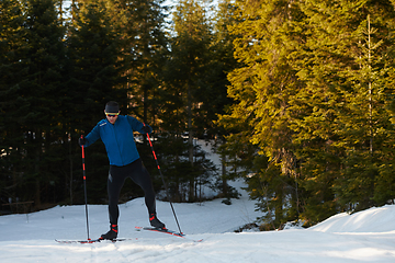 Image showing Nordic skiing or Cross-country skiing classic technique practiced by man in a beautiful panoramic trail at morning.Selective focus.