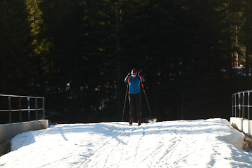 Image showing Nordic skiing or Cross-country skiing classic technique practiced by man in a beautiful panoramic trail at morning.Selective focus.