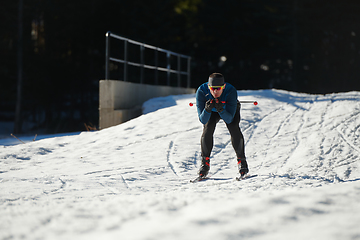 Image showing Nordic skiing or Cross-country skiing classic technique practiced by man in a beautiful panoramic trail at morning.Selective focus.