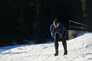 Image showing Nordic skiing or Cross-country skiing classic technique practiced by man in a beautiful panoramic trail at morning.Selective focus.