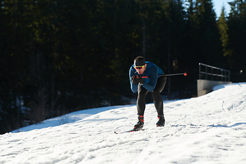 Image showing Nordic skiing or Cross-country skiing classic technique practiced by man in a beautiful panoramic trail at morning.Selective focus.