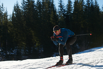 Image showing Nordic skiing or Cross-country skiing classic technique practiced by man in a beautiful panoramic trail at morning.Selective focus.