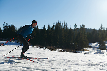 Image showing Nordic skiing or Cross-country skiing classic technique practiced by man in a beautiful panoramic trail at morning.Selective focus.