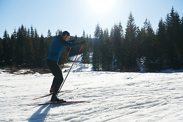 Image showing Nordic skiing or Cross-country skiing classic technique practiced by man in a beautiful panoramic trail at morning.Selective focus.