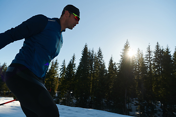 Image showing Nordic skiing or Cross-country skiing classic technique practiced by man in a beautiful panoramic trail at morning.Selective focus.