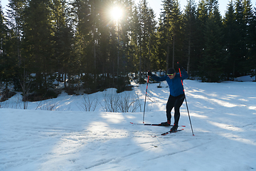 Image showing Nordic skiing or Cross-country skiing classic technique practiced by man in a beautiful panoramic trail at morning.Selective focus.