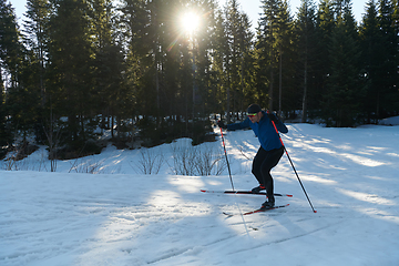 Image showing Nordic skiing or Cross-country skiing classic technique practiced by man in a beautiful panoramic trail at morning.Selective focus.