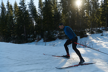 Image showing Nordic skiing or Cross-country skiing classic technique practiced by man in a beautiful panoramic trail at morning.Selective focus.