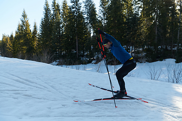 Image showing Nordic skiing or Cross-country skiing classic technique practiced by man in a beautiful panoramic trail at morning.Selective focus.