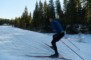 Image showing Nordic skiing or Cross-country skiing classic technique practiced by man in a beautiful panoramic trail at morning.Selective focus.