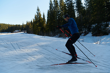 Image showing Nordic skiing or Cross-country skiing classic technique practiced by man in a beautiful panoramic trail at morning.Selective focus.