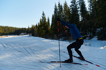 Image showing Nordic skiing or Cross-country skiing classic technique practiced by man in a beautiful panoramic trail at morning.Selective focus.