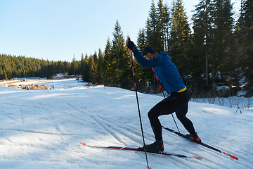 Image showing Nordic skiing or Cross-country skiing classic technique practiced by man in a beautiful panoramic trail at morning.Selective focus.