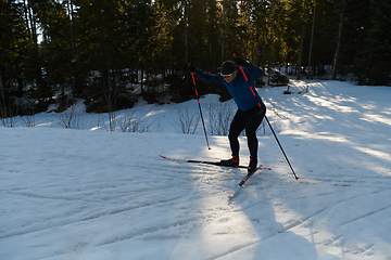 Image showing Nordic skiing or Cross-country skiing classic technique practiced by man in a beautiful panoramic trail at morning.Selective focus.