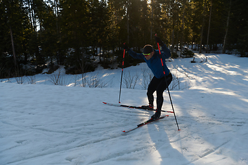 Image showing Nordic skiing or Cross-country skiing classic technique practiced by man in a beautiful panoramic trail at morning.Selective focus.