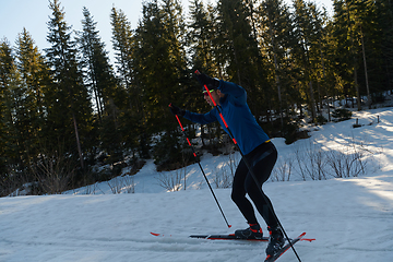 Image showing Nordic skiing or Cross-country skiing classic technique practiced by man in a beautiful panoramic trail at morning.Selective focus.