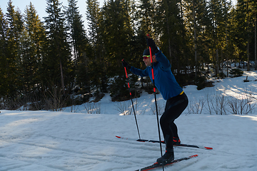 Image showing Nordic skiing or Cross-country skiing classic technique practiced by man in a beautiful panoramic trail at morning.Selective focus.