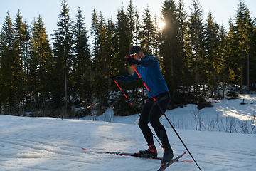 Image showing Nordic skiing or Cross-country skiing classic technique practiced by man in a beautiful panoramic trail at morning.Selective focus.