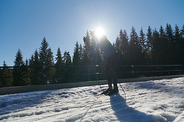 Image showing Nordic skiing or Cross-country skiing classic technique practiced by man in a beautiful panoramic trail at morning.Selective focus.