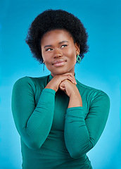 Image showing Opportunity, thinking and black woman with solution, choice or decision on a blue studio background. Female person, creative or model with inspiration, planning or emoji with ideas or problem solving