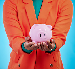 Image showing Person hands, piggy bank and savings, financial investment and budget management or income growth. Banking, security safe and finance container, accounting or entrepreneur on blue, studio background