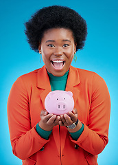 Image showing Woman, piggy bank and wow portrait for savings, financial investment and profit or budget success. Excited african person with banking goals, finance safe and container on a blue, studio background