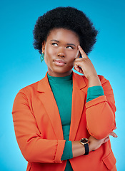 Image showing Decision, thinking and black woman with inspiration, solution or problem solving on a blue studio background. Female person, opportunity or model with ideas, emoji or choice with doubt and creativity