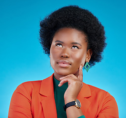 Image showing Opportunity, thinking and black woman with problem solving, brainstorming and decision against a blue studio background. Female person, why and model with inspiration, planning and creative ideas