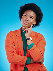 Image showing Question, thinking and black woman with a decision, opportunity and inspiration against a blue studio background. Female person, why and model with solution, problem solving and choice with planning