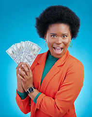 Image showing Money, wow and business woman in portrait for winning, cash and lottery fan on blue background. Surprise face, bonus and rich african person or winner for profit, cashback or financial loan in studio