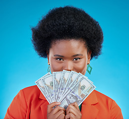 Image showing Money, winner and woman cover face on blue, studio background for winning, cash fan or financial loan. Lottery, bank and young african person with bonus, budget secret and finance profit in portrait