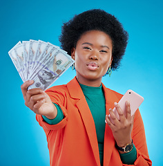 Image showing Money, phone and woman in portrait winning, finance or online savings, profit or cash prize. Success, lottery and winner or african person on mobile, cashback fan or banking on blue studio background