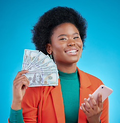 Image showing Money fan, phone and woman in portrait winning, finance or online savings, profit and cash prize. Success, bonus and winner or african person on mobile, cashback and banking on blue studio background