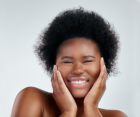 Image showing Skincare, portrait and African woman in studio with a natural, wellness or cosmetic face routine. Health, young and headshot of a female model with facial dermatology treatment by a gray background.