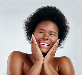 Image showing Skincare, beauty and portrait of a woman in studio with a natural, wellness or cosmetic face routine. Health, young and headshot of an African female model with facial dermatology by gray background.