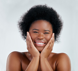 Image showing Wellness, beauty and portrait of a woman in studio with a natural, skincare or cosmetic face routine. Health, young and headshot of an African female model with facial dermatology by gray background.