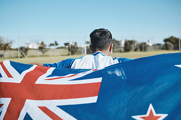 Image showing New Zealand flag, back and sports man with mockup space on blue sky outdoor. Aotearoa banner, national and athlete with patriotism, pride or representation to support country, motivation and sign