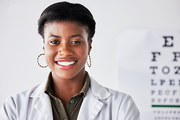 Image showing Happy, optometry and portrait of a black woman at a clinic for healthcare, eye care and expert. Smile, hospital and headshot of an African doctor or optometrist in an office for a vision check