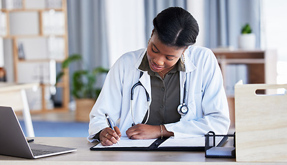 Image showing Black woman, doctor and writing on clipboard in clinic, planning documents and schedule in medical office. Female healthcare worker, medicine notes and report of insurance checklist, script and info