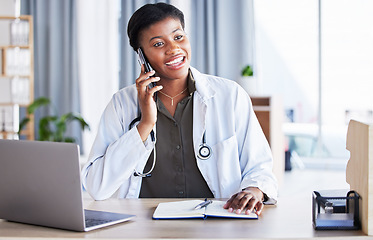 Image showing Black woman, doctor and phone call for healthcare consulting, conversation or chat support in clinic. Happy female therapist, medical worker or talking on mobile cellphone for telehealth consultation