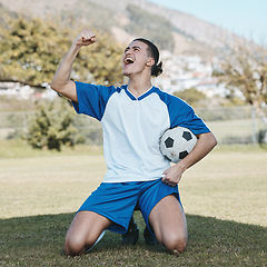 Image showing Football, winner and man excited on field for goal, success and sports achievement. Soccer, champion and happy athlete celebrate competition, training victory or winning on grass outdoor for exercise