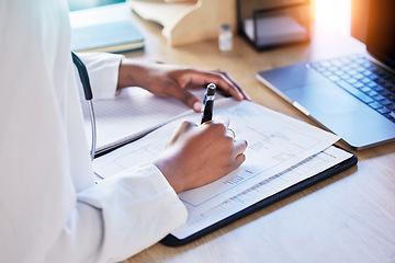 Image showing Doctor hands, book and writing at desk, documents or review for report, results or ideas for healthcare. Medic, notebook and pen for paperwork, compliance and insurance info with schedule in hospital