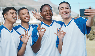 Image showing Men in selfie, OK hand sign and soccer competition, sports and athlete group on field, diversity and emoji. Happy, young male football player and team smile in picture, gesture and social media post