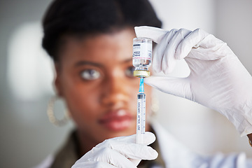 Image showing Vaccine vial, needle and doctor for safety, healthcare and pharmaceutical medicine. Closeup, hands of woman and prepare vaccination, virus injection and bottle for immunity, medical drugs or smallpox
