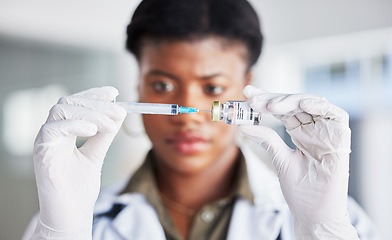 Image showing Vaccine bottle, needle and doctor for safety, healthcare and smallpox medicine. Closeup, hands of woman and prepare vaccination, virus injection and vial for immunity, medical drugs or liquid product