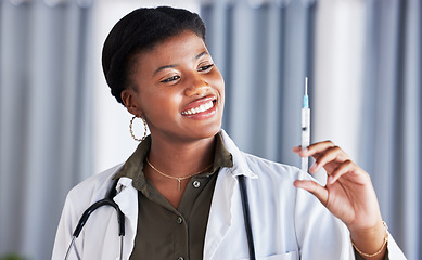 Image showing Healthcare, black woman and doctor with vaccine, injection and virus immunity in hospital. Happy female medical worker with needle for medicine, vaccination and safety of disease in clinic services