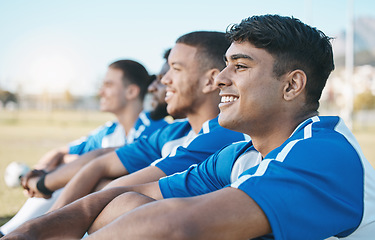 Image showing Sports, teamwork and soccer with men on field for training, challenge and championship game. Workout, health and goal with group of people in football stadium for solidarity, support and athlete