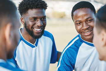 Image showing Happy, fitness and men for soccer as a team with conversation, training and motivation. Smile, exercise and diversity with athlete people speaking about football competition or strategy for a game